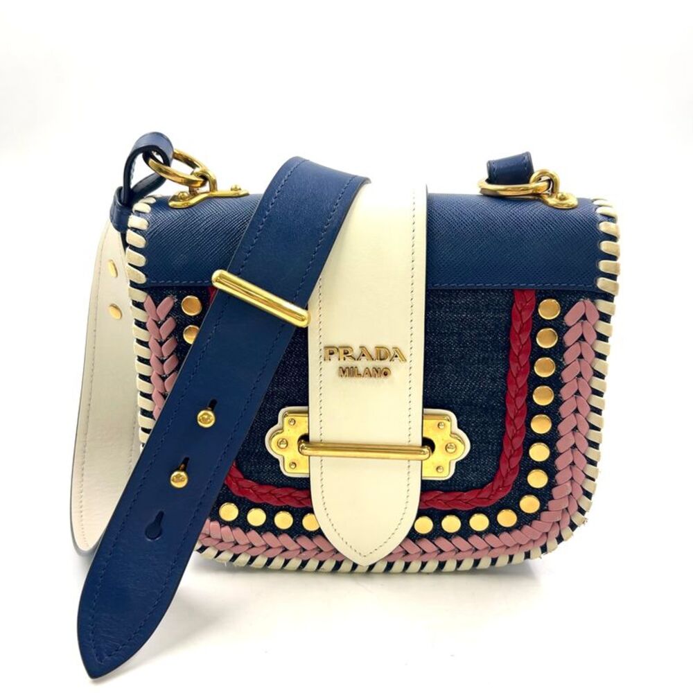 PRADA Cahier Leather Shoulder Bag Navy White